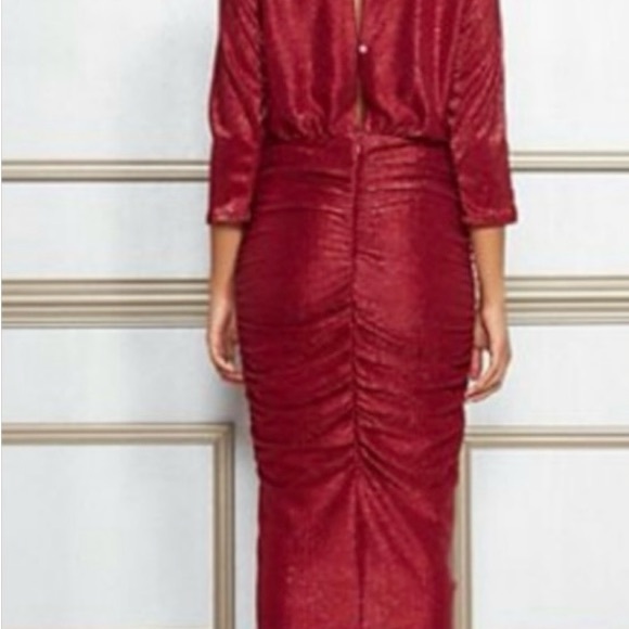 Eva Mendes Red Metallic Ruched Crossover V-Neck Midi Dress Size XL - Picture 3 of 16